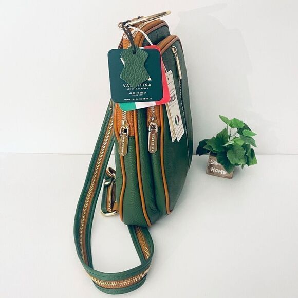 NWT Valentina Green Tan Italian Genuine Leather Convertible Sling Backpack Bag